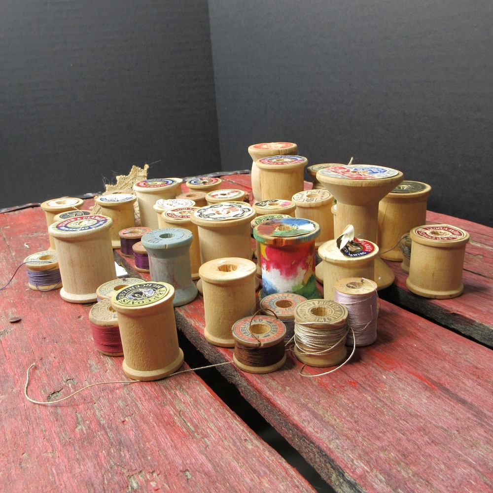 Vintage Antique Wooden Sewing Thread Spools Lot of 40+ Varied Brands & Colors